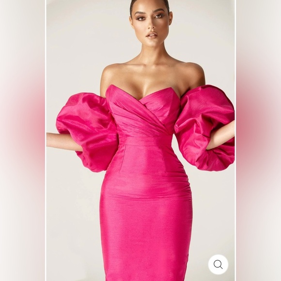ALIEVA Hot pink puff sleeve cocktail‎ midi dress! Prom, party, showstopper! - Picture 4 of 8